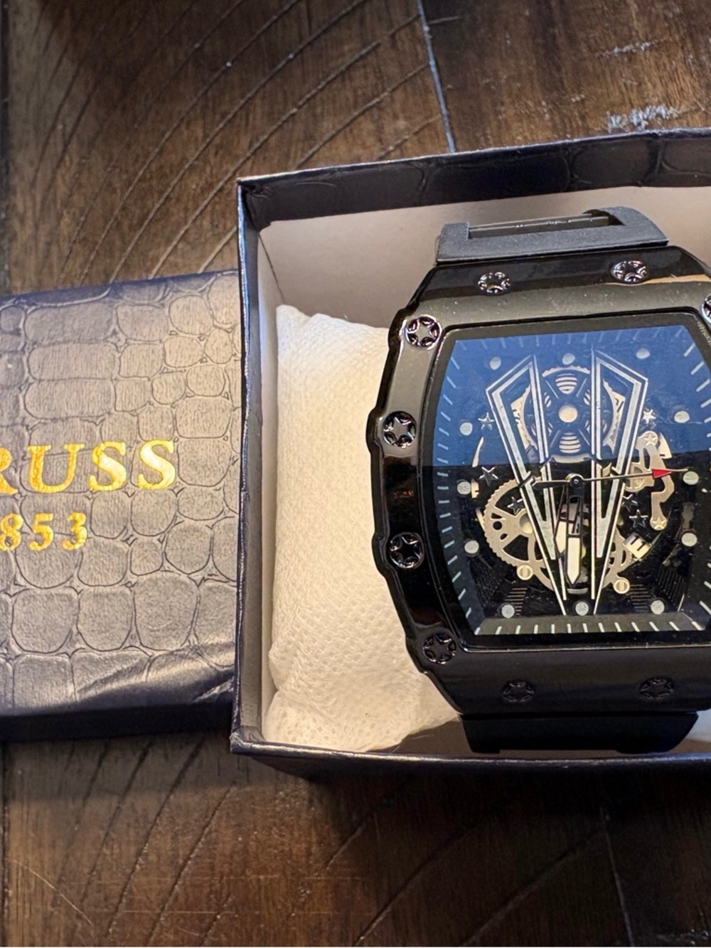 Black Mechanical Skeleton Watch - Bold Geometric Dial